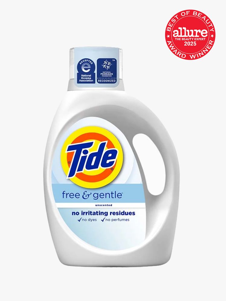 Tide Free and Gentle Detergent white container of laundry detergent on light gray background with red Allure Best of...