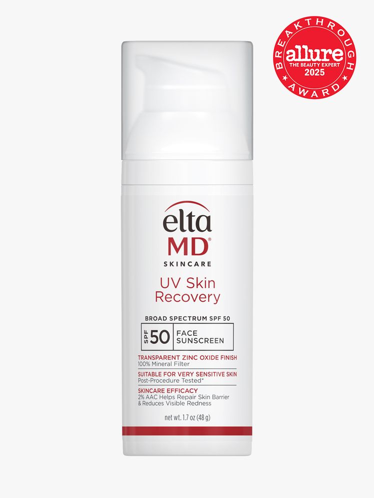 UV Skin Recovery BroadSpectrum SPF 50 in branded white bottle with white pump on light gray background with red Allure...