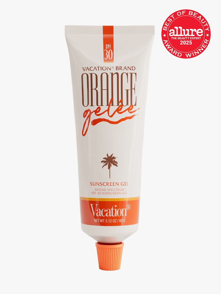 Orange Gele SPF 30 in branded orange and taupe tube with orange cap on light gray background with red Allure Best of...