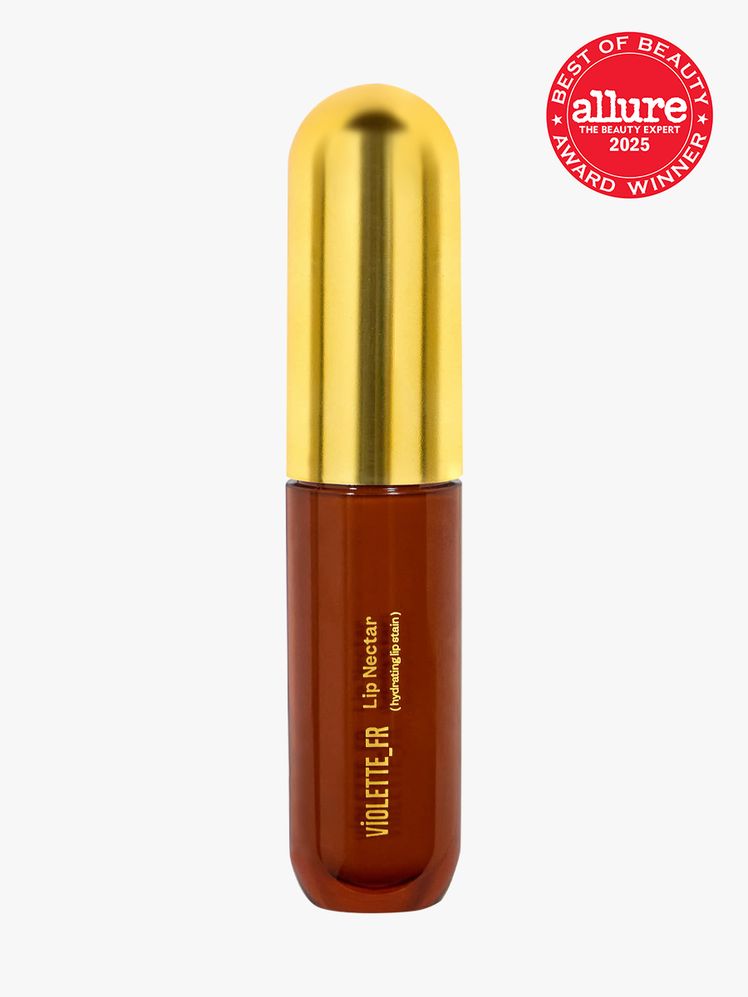 VioletteFR Lip Nectar in branded brown tube with gold cap on light gray background with red Allure Best of Beauty seal...