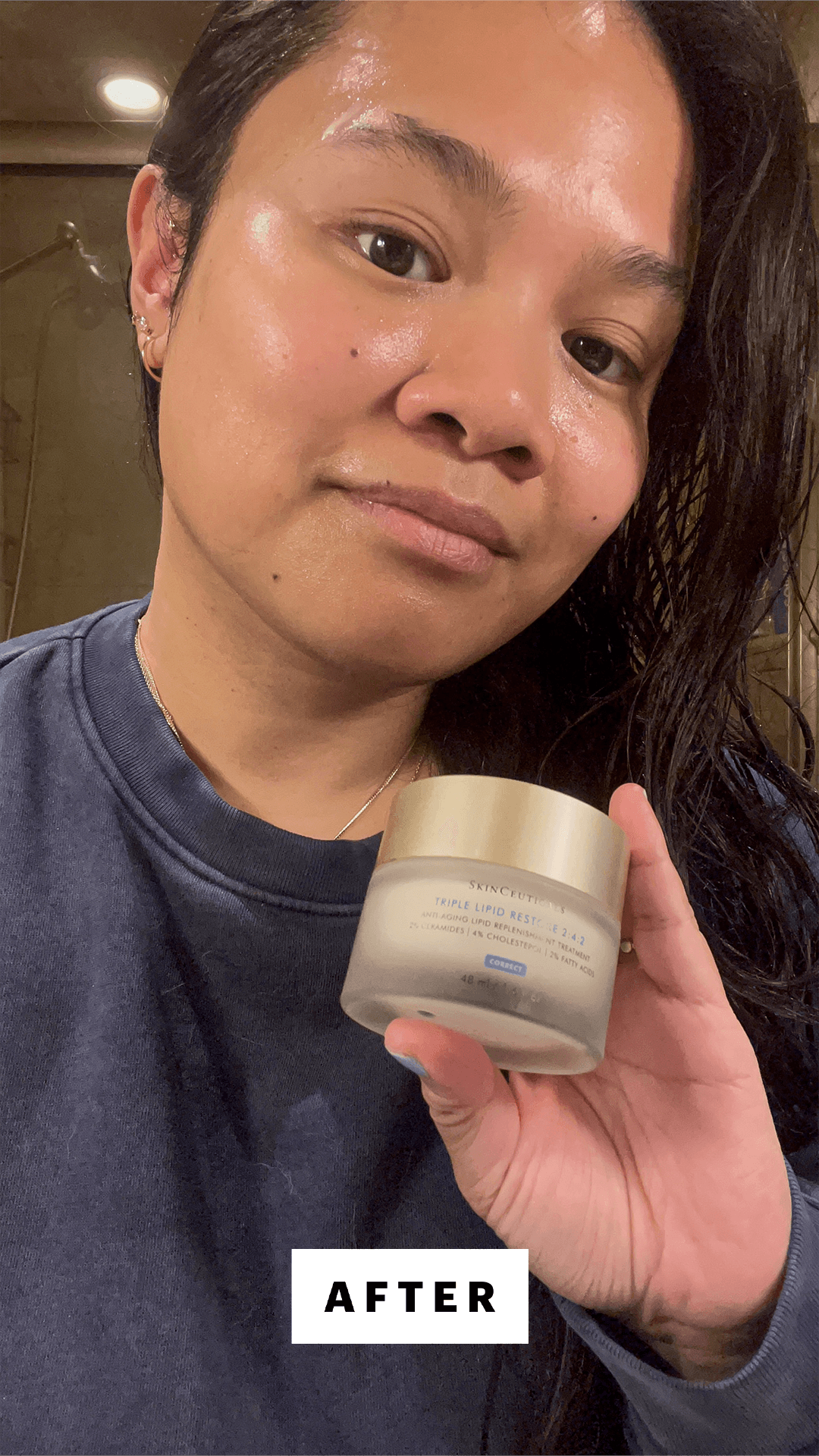 Allure senior beauty editor Jesa Marie Calaor after applying the SkinCeuticals Triple Lipid Restore 242