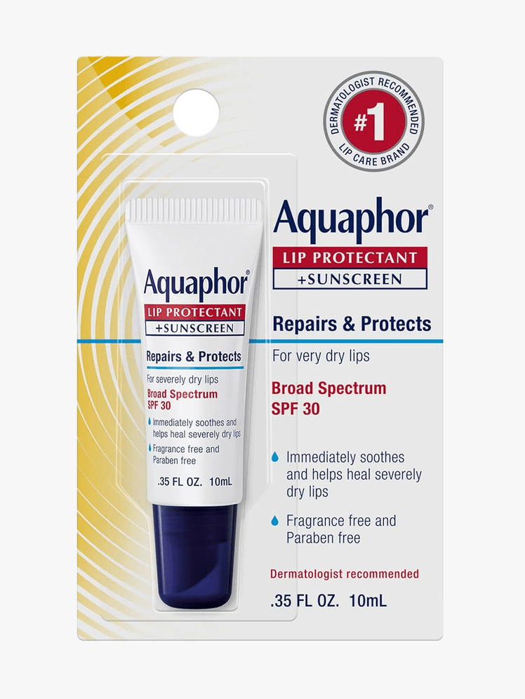 Aquaphor Lip Protectant Sunscreen Broad Spectrum SPF 30 Sunscreen Lip Balm in branded component on a light gray background