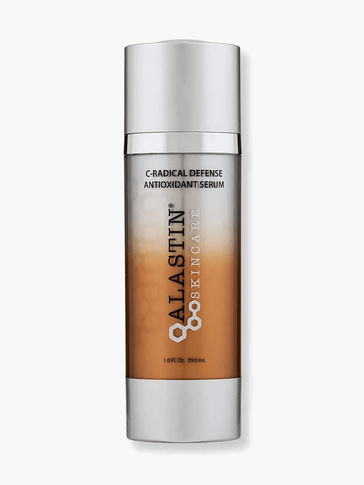 C-Radical Defense Antioxidant Serum in branded silver and orange gradient bottle with cap on light gray background