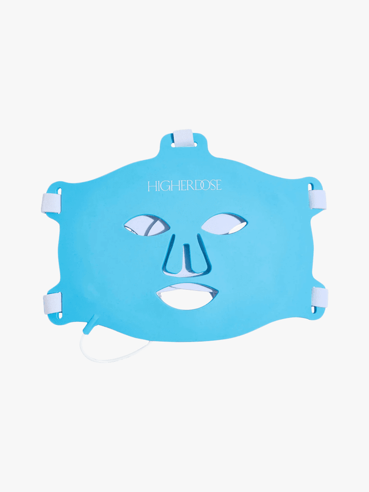 HigherDose Red Light Face Mask in bright blue colorway on light gray background