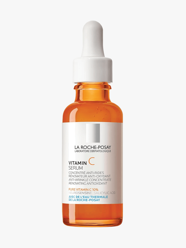 La Roche-Posay 10% Pure Vitamin C Face Serum in orange branded dropper component on a light gray background