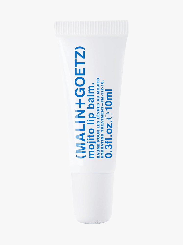 Malin Goetz Mojito Lip Balm in branded component on a light gray background