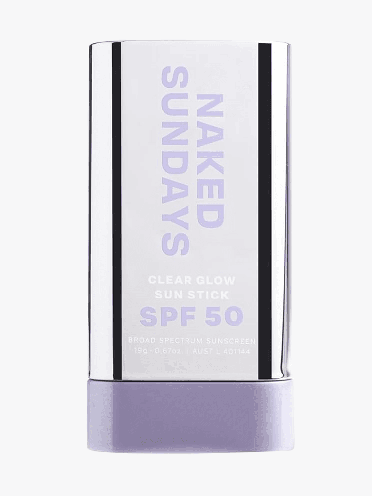 Naked Sundays SPF 50 Clear Glow Sun Stick in branded component on a light gray background