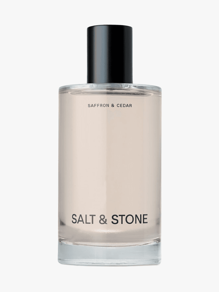 Salt Stone Saffron Cedar Body Mist in branded component on a light gray background
