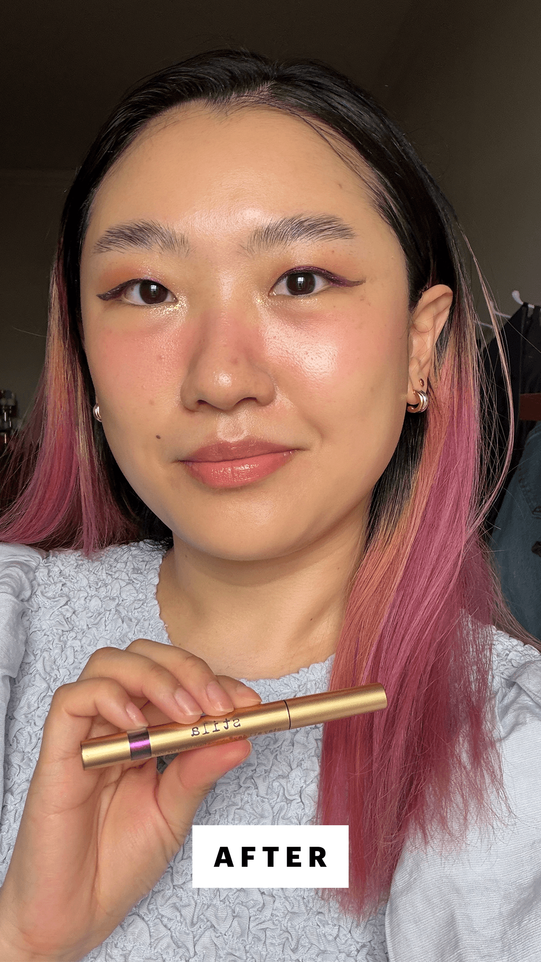 a selfie of Allure commerce editor Sarah Han after applying the Stila Stay All Day ChromaFlash Liquid Eyeliner in Unicorn