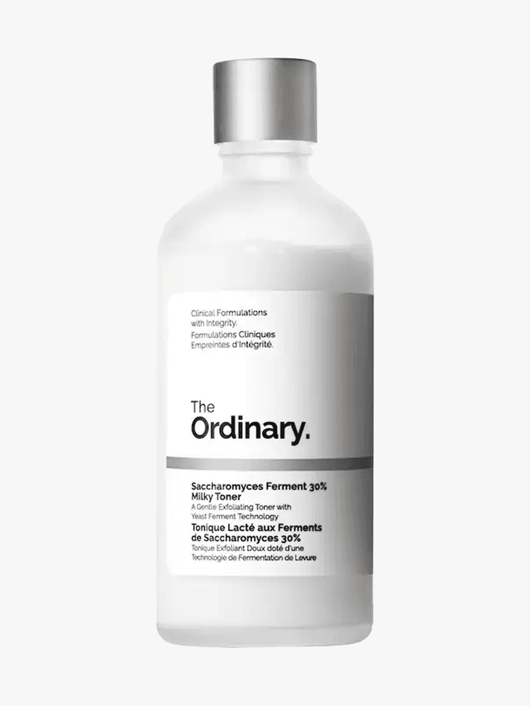 The Ordinary Saccharomyces Ferment 30% Milky Toner in branded bottle component on a light gray background